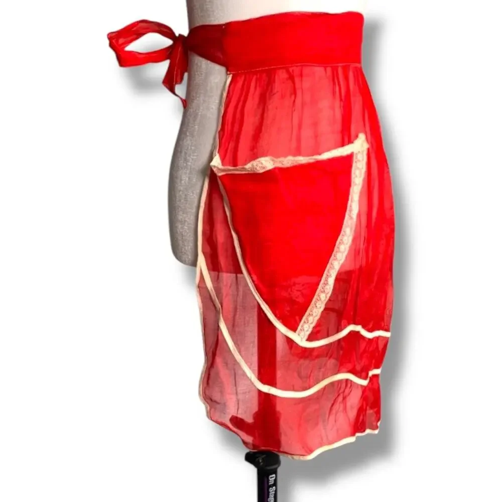 Vintage‎ 50s Red Sheer Half Apron White Lace Trim Tie Back Retro Sexy Housewife